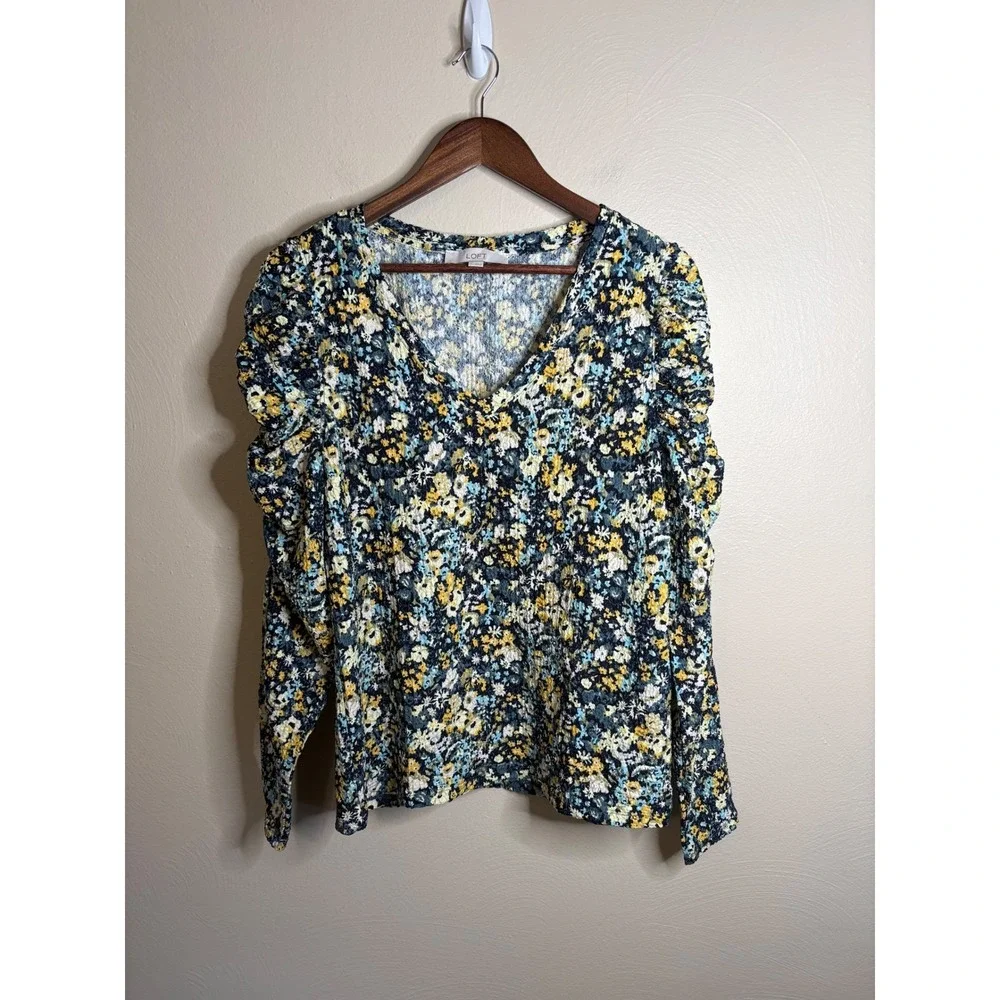 LOFT Womens Floral Puff Sleeve Blouse Size L Blue Yellow Cottagecore Casual